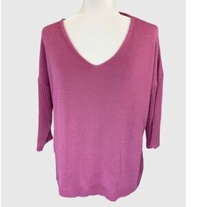 Women's XL Pink V-Neck Soft Knit Sweater Top 3/4 Sleeve Relaxed Casual